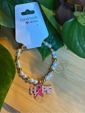 🎀 Breast Cancer Awareness Stretchy Beaded Bracelet | Handmade | Dangle Charm 🎀